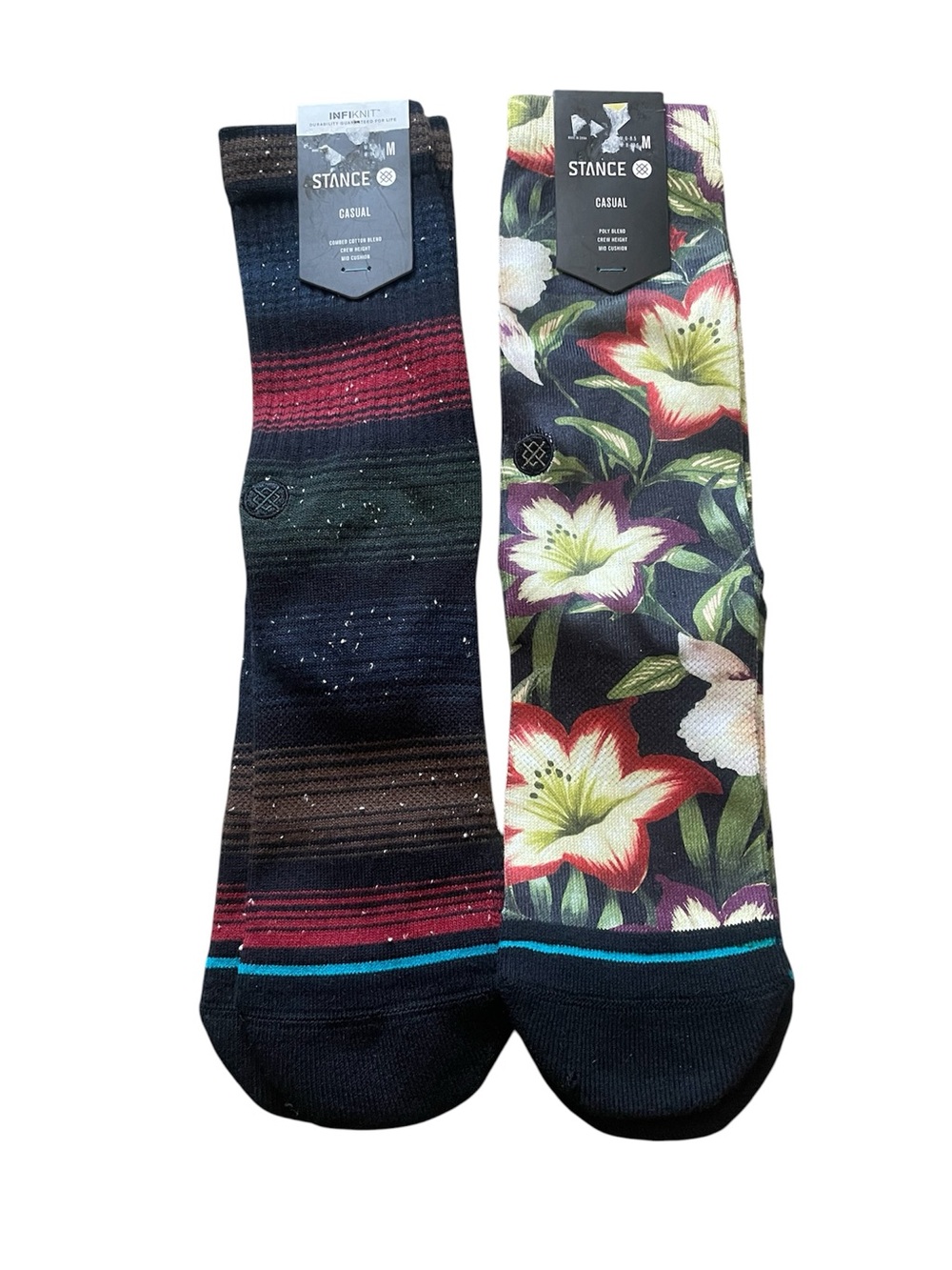 Stance Men's Casual Crew Socks - Black, Green, Red, White Floral & Striped Pair
